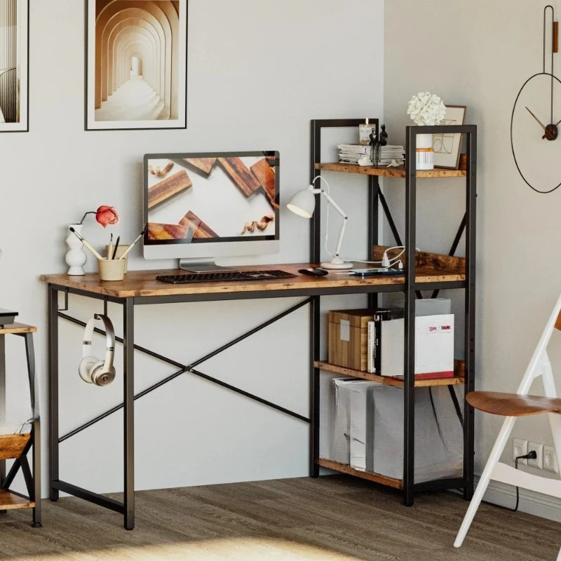 

Computer Desk 47" with Power Outlet & Storage Shelves, Study Writing Table with USB Ports Charging Station
