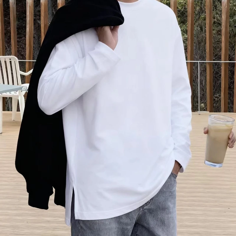 Men's Cotton Long Sleeve T-Shirt White Split Hem Loose Fit Base Layer Top Spring Summer Autumn Design Casual Inner Wear