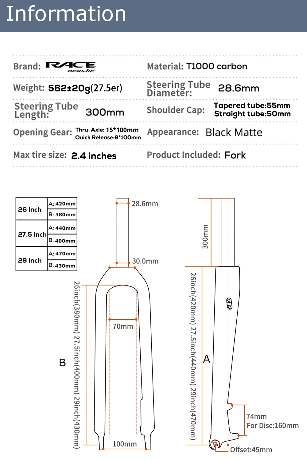 MTB Full Carbon Fiber Rigid Fork,Straight/Tapared Tube Bicycle Fork,9*100mm Quick Release,Thru Axle 15*100mm,26/27.5/29 Inch