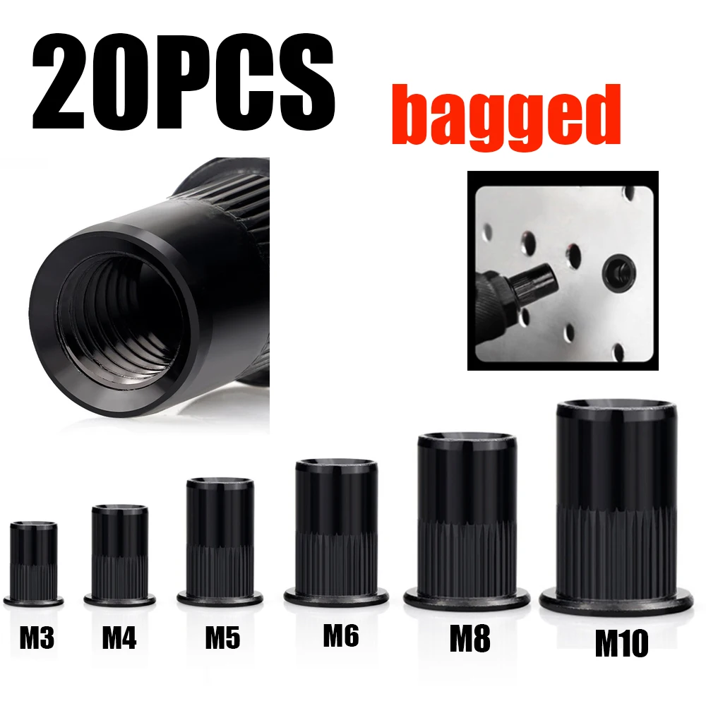 20PCS bagged M3-M10 black rivet nut, black plated through hole knurled rivet nut, carbon steel black rivet nut, flat head vertic