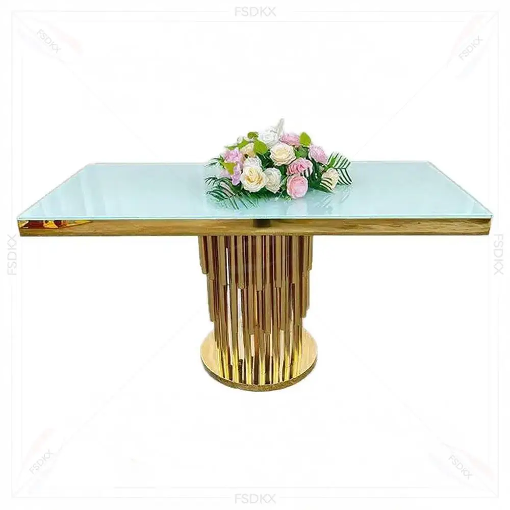 

FSDKX Top Quality 8ft Rectangular Table Wedding Furniture Gold Stainless Steel Table for Events Banquet Decoration