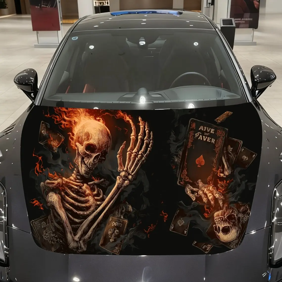 ファイアスケルトンポーカーフレンジー車用ビニールラップ、pvc素材防水車用フードステッカー、自己粘着性傷防止ステッカー