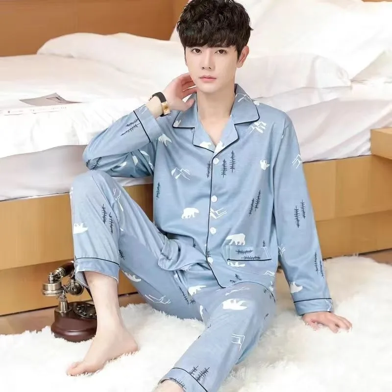 2024 New Fashion Cotton Men's Pajamas Male Summer Long Sleeve Pants Casual Comfortable Loungewear Youth Plus Size Sleepwear Sets