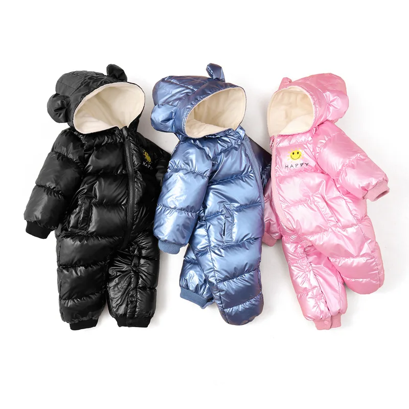 2024 Baby Boys Winter Snowsuit Plus Velvet Waterproof No-wash Infant Boy Jumpsuit Shinny Hooded Newborn Girls Romper Coat