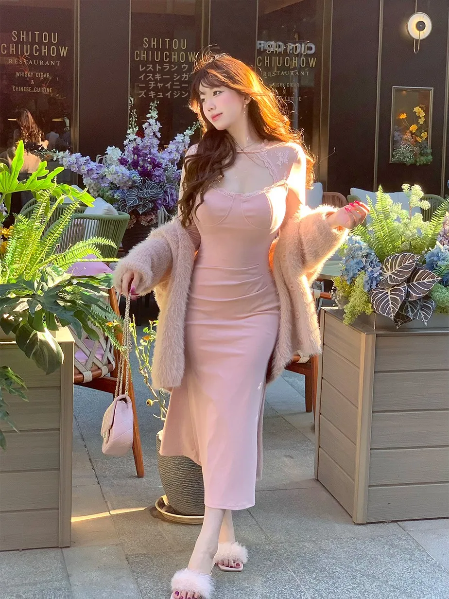 

Ele Pure Desire Выдалбливают Дизайн Осень Зима Dr MengFairy Персиковый Сок Соблазнительная Высокая Талия Смесь Хлопков Bodycon Dr