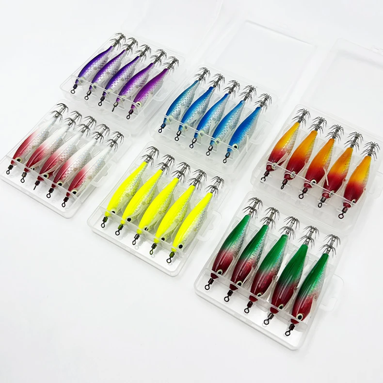 ShareShark 5 Stück/Box Tintenfisch-Jig-Köder 8cm 5,6g UV-Leuchtender Garnelenköder Horizontaler Kunstköder für Tintenfische, Oktopus, Salzwasser – Detail 6