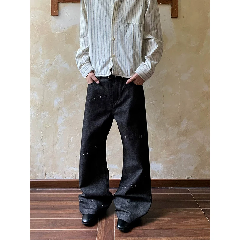Men American Vintage Denim Red Stitch Raw Black Straight Micro Flare Jeans Slim Fit Fashion Casual Stretch Long Denim Trousers
