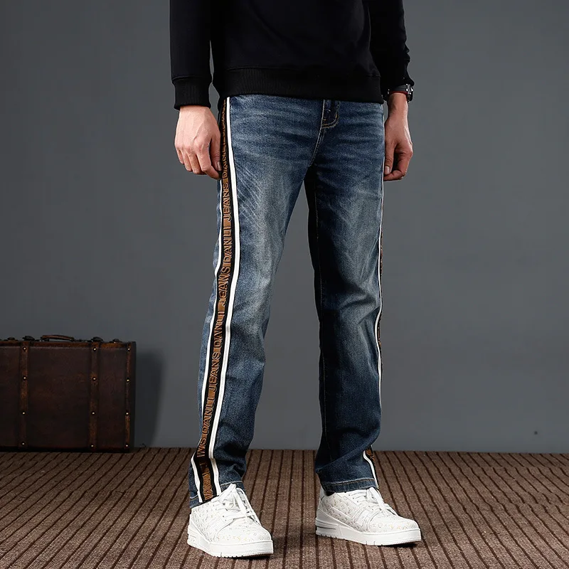 Loose straight tube washed blue denim pants for men's American high street fashion edging striped personalized jeans