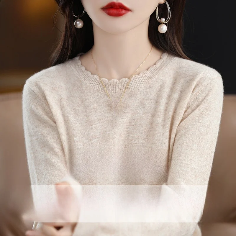 

Весна-осень 2024, женский вязаный шерстяной свитер, круглый, свободный базовый слой, внутренняя одежда, повседневная одежда для поездок на работу, Long Sve