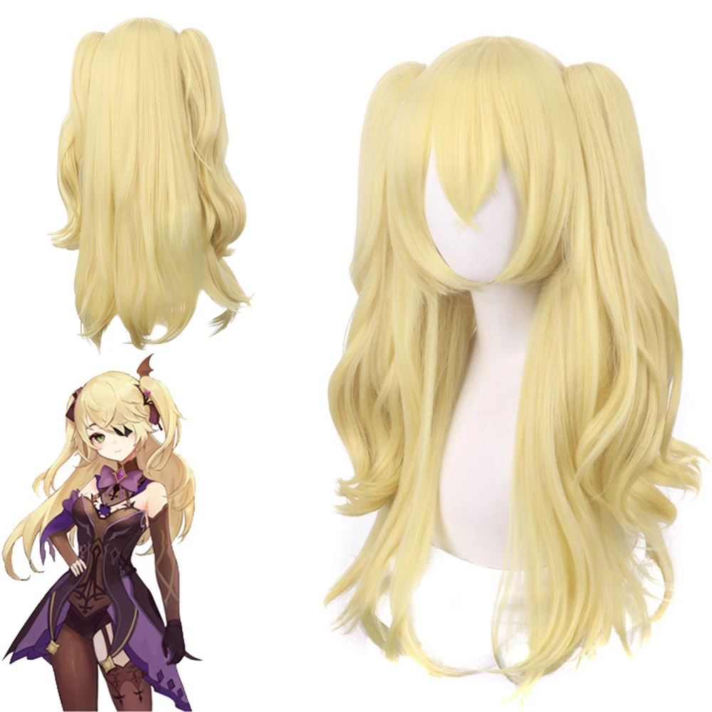 Anime Genshin Impact Fischl Cos Wigs with Cosplay Costumes Headwear 80cm Long Simulation Scalp Thick Mixed Puffy Long Hair Wigs