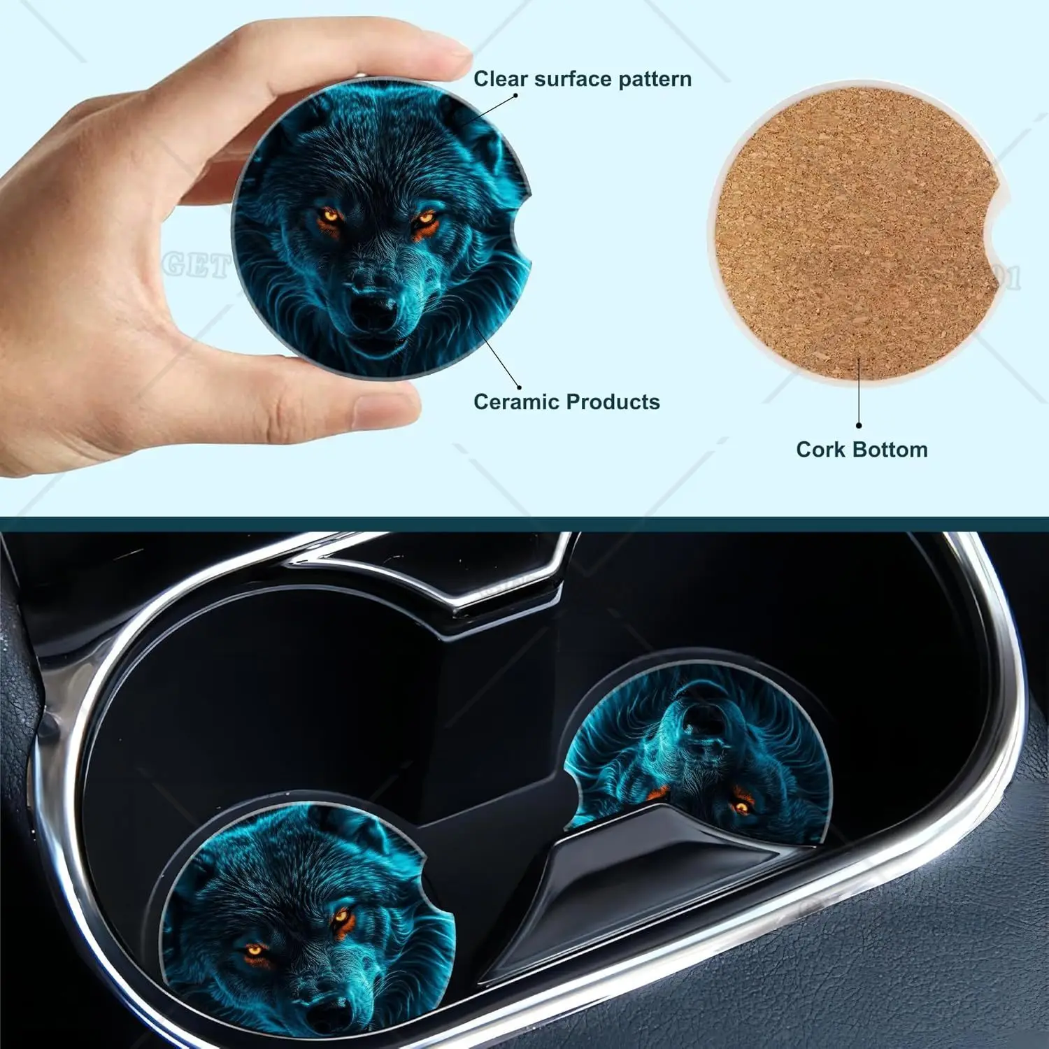 2Pcs Car Coasters for Cup Holder Neon Blue Wolf Cup Holder Coasters Anti Slip Car Coaster with Finger Notch and Cork Base