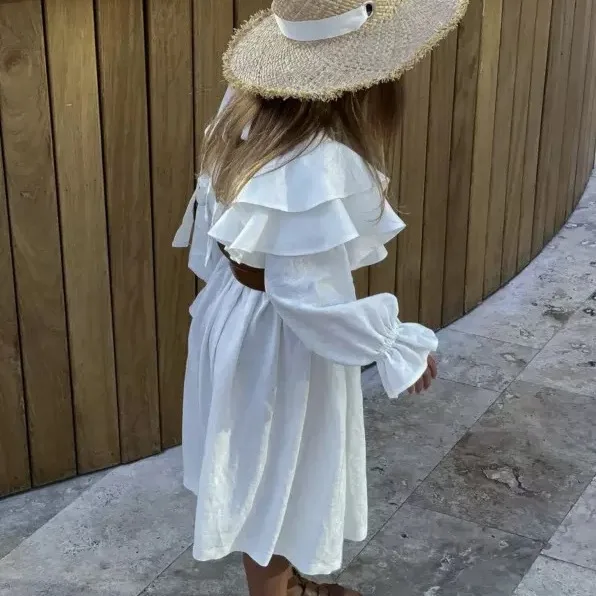 2026 autumn new baby girls long dress 2-14 teenager kids Cotton Hemp Lotus Leaf Lace Sleeve Princess A-line Skirt child clothes