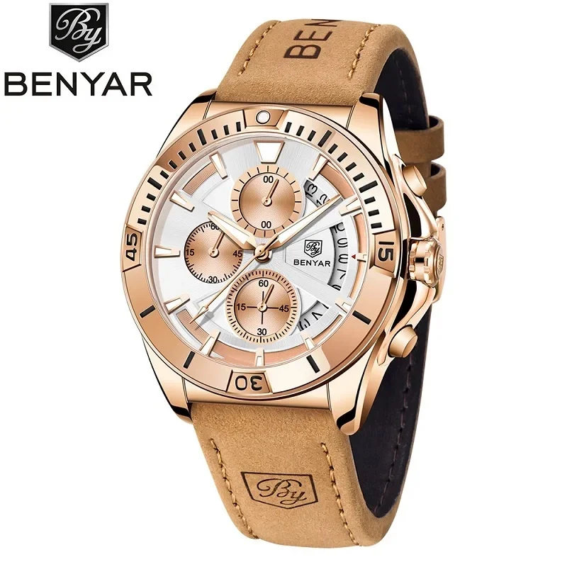 BENYAR BY-5180 Men Quartz Chronograph Watch Japan Quartz Movement Stainless Steel Bracelet 43MM Dial 30M Waterproof Sport Male