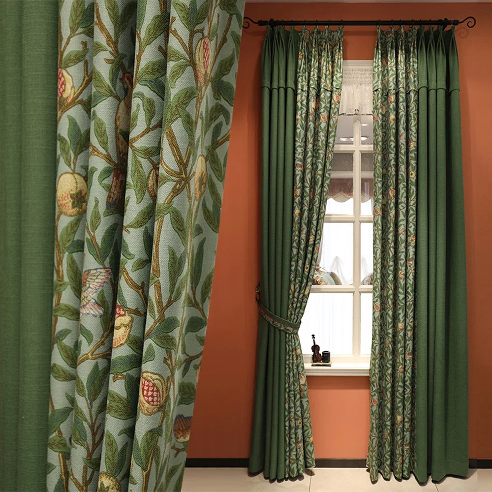 Pomegranate flowers and birds curtain,Cotton and linen fabric curtains, semi shading, Jewish Rosh Hashanah Shana Tova