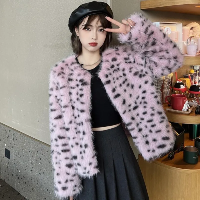 Leopard Fluffy Jacket Women 2023 Autumn Winter Elegant Outfits Lady Long Sleeve Faux Fox Short Coats Fashion Outerwear