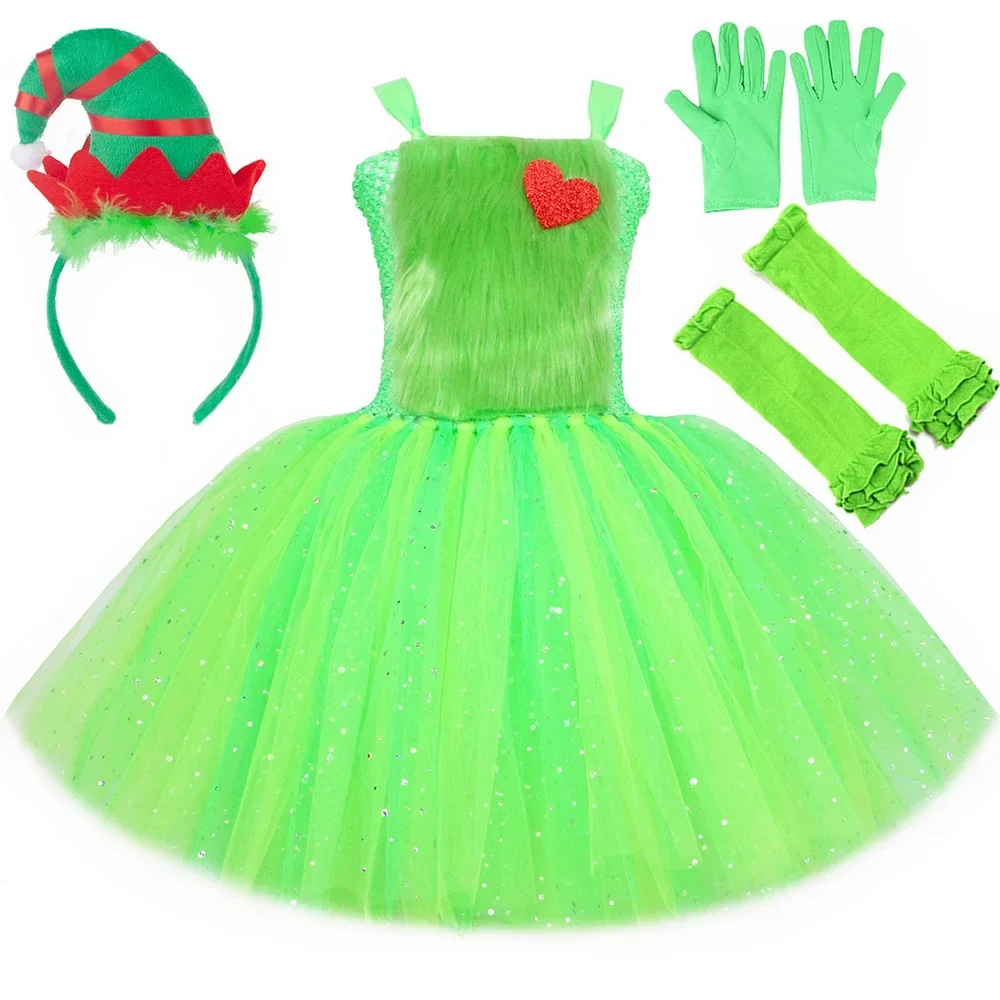 Grinch Costume Kids Glitter Green Furry Monster Tutu Dress Outfit for Girls Christmas Dress Gifts Children Xmas Party Clothes