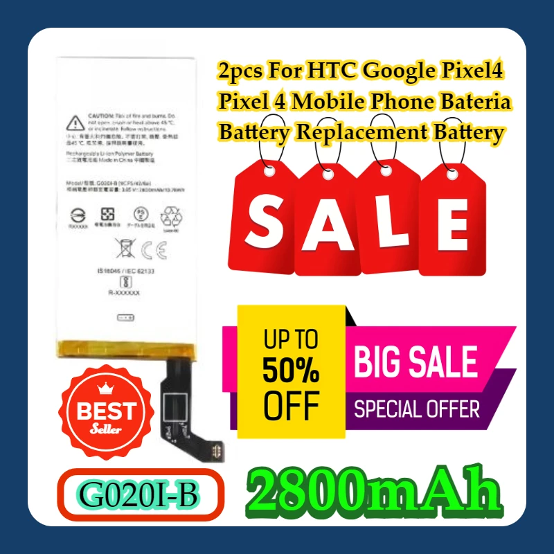 2pcs For HTC Google Pixel4 Pixel 4 Mobile Phone Bateria Battery 2800mAh G020I-B Replacement Battery