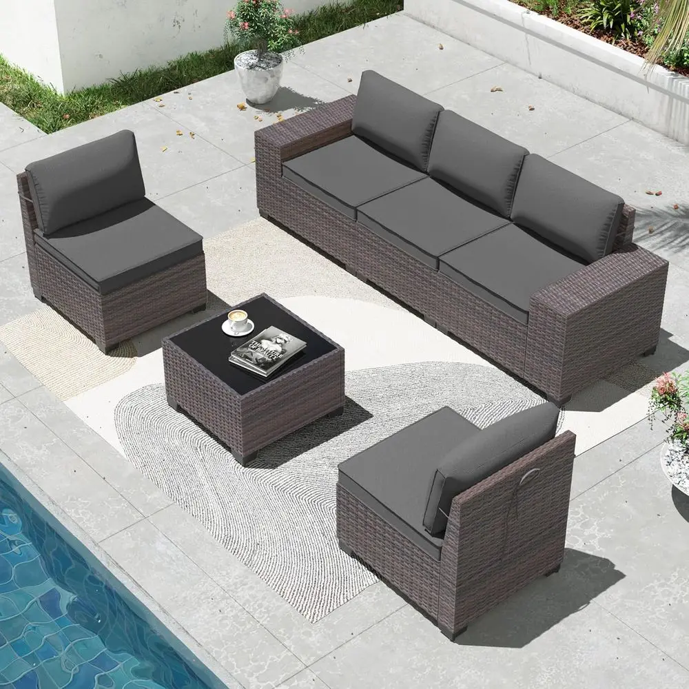 

6-Piece Outdoor Patio Furniture Set with Glass Top Table, PE Rattan Wicker, Washable Cushions, Suitable for Backyard, Poolside,