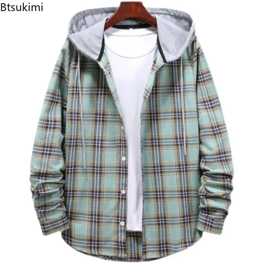 Neue 2025, männer Plaid Mit Kapuze Shirts Lose Beiläufige Männer Jacke Hemd Bequeme Langarm Sport Mit Kapuze Mäntel Männer der Täglichen Kleidung