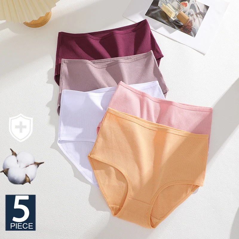 FINETOO 5-teiliges, einfarbiges, nahtloses Damenhöschen mit hoher Taille, übergroße Damenunterwäsche, 14 einfarbige S-XXL-Baumwollhöschen