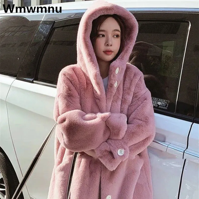 

Winter Womens Faux Mink Fur Coats Korean Fashion Plush Velvet Hooded Jackets Warm Thick Loose Snow Wear Mid Length Overcoat New