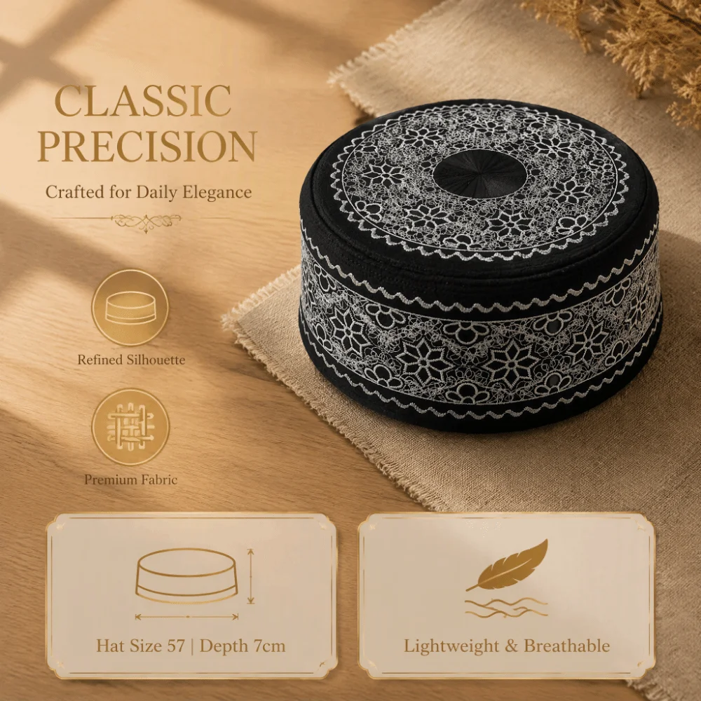 Embroidered Design Embroidered Kufi Hat Black with White Embroidery Pattern Flat Top Shape Prayer Hat Polyester Material