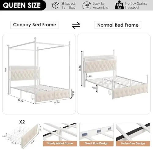 Queen Size LED Canopy Bed Frame with Storage & Charging Station,Beige | 4 Removable Posts for Two-Use, Upholstered