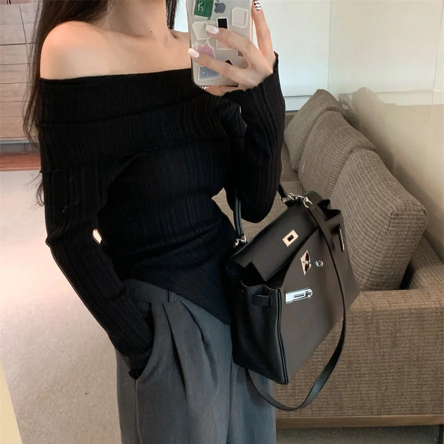 Off Shoulder Long Sleeve T Shirt Women Autumn Winter Casual Korean Elegant Irregular Tops Slim Base Tees 2023 Y2K Black Tshirts