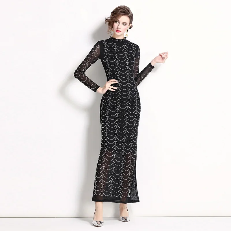 Autumn Luxury Party Gauze Diamond Sexy Dress High Waist Slim Long Dress Robe  Vintage Skirt