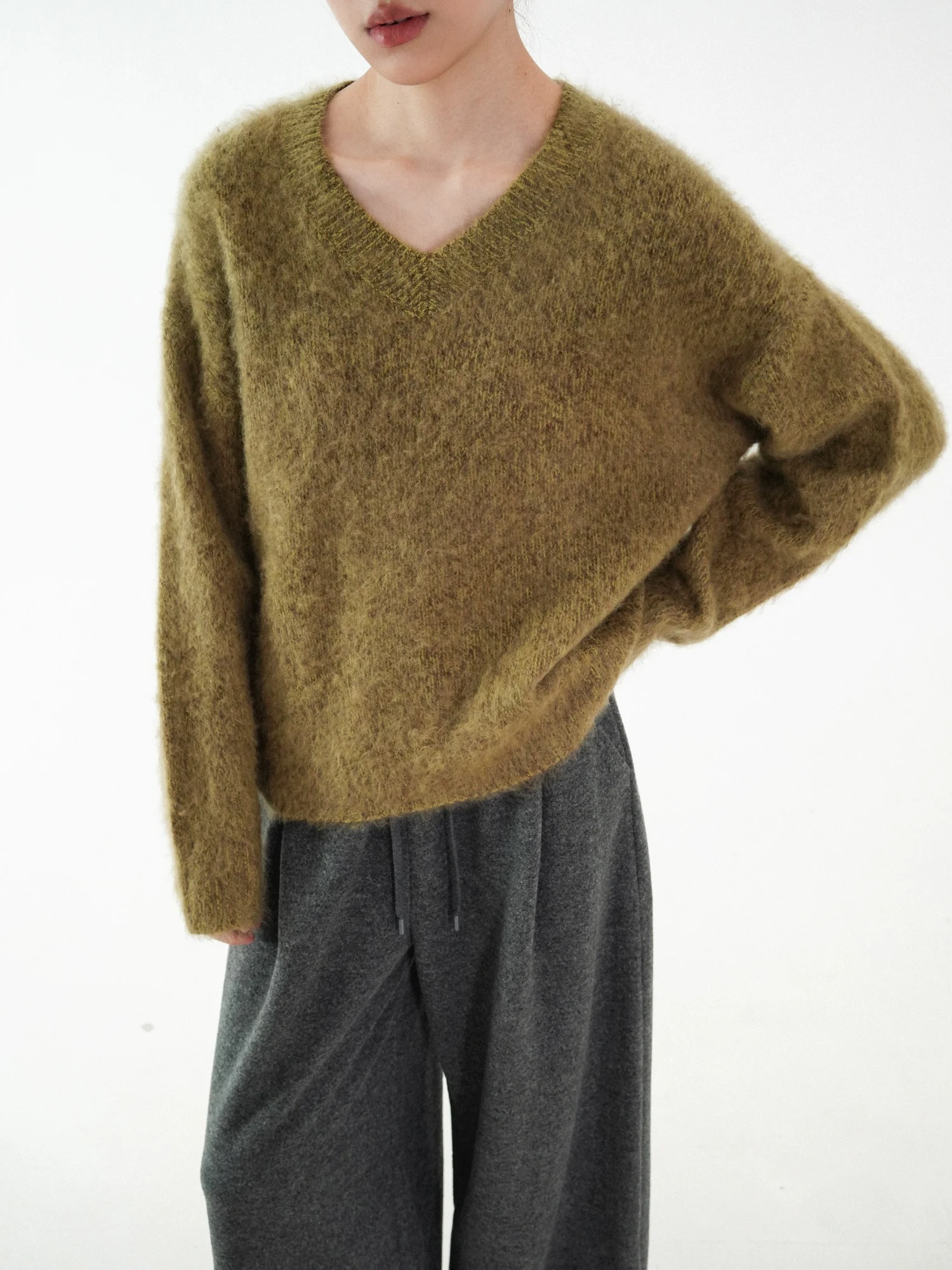 

Вязаный свитер Moo с V-образным вырезом и длинными рукавами из мягкой шерсти бавулан, свободного кроя, для ношения под одеждой, весна-осень, женская вязаная одежда