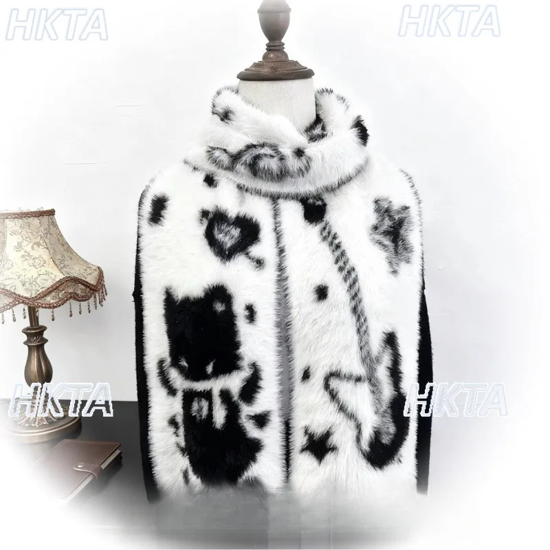 Syal Bulu Imitasi Dua Sisi Motif Gitar Musik Kucing Kartun Lucu Hitam Putih Gaya Gotik Y2K untuk Wanita, Syal Leher Hangat Serbaguna Musim Dingin Terbaru