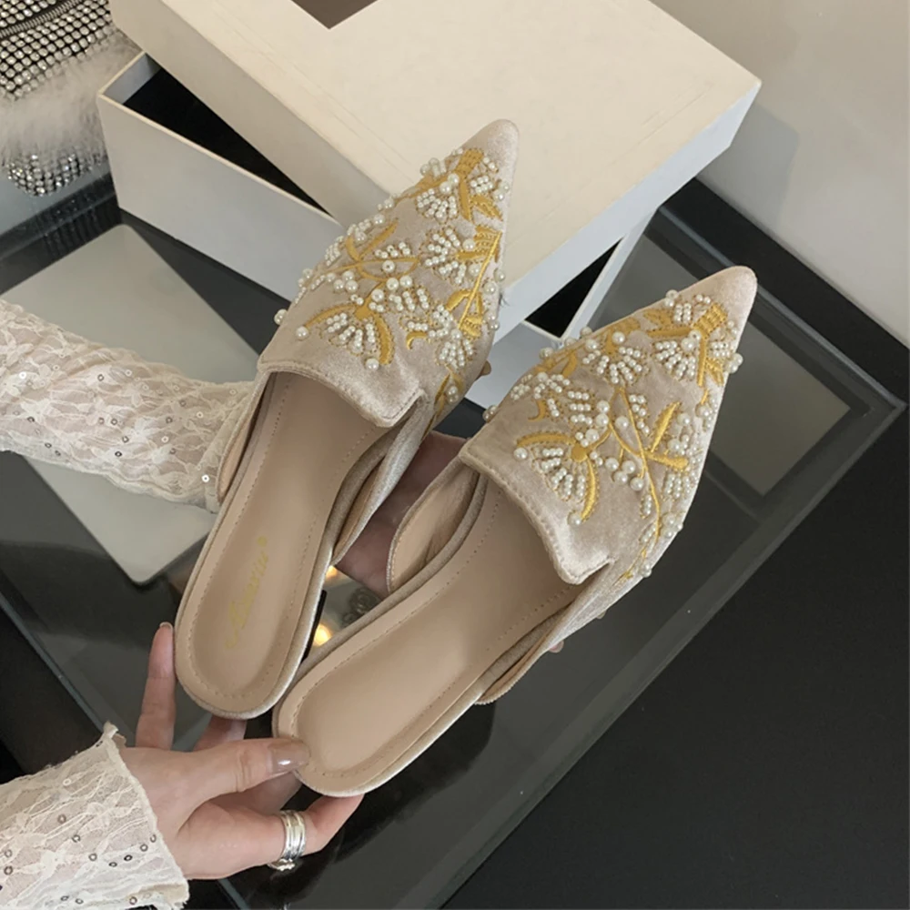 Aneikeh Summer Women Flat Slippers Pointed Bead Embroidery Roman Style Shallow Mouth Velvet Mules Shoes Slip on Female Slides