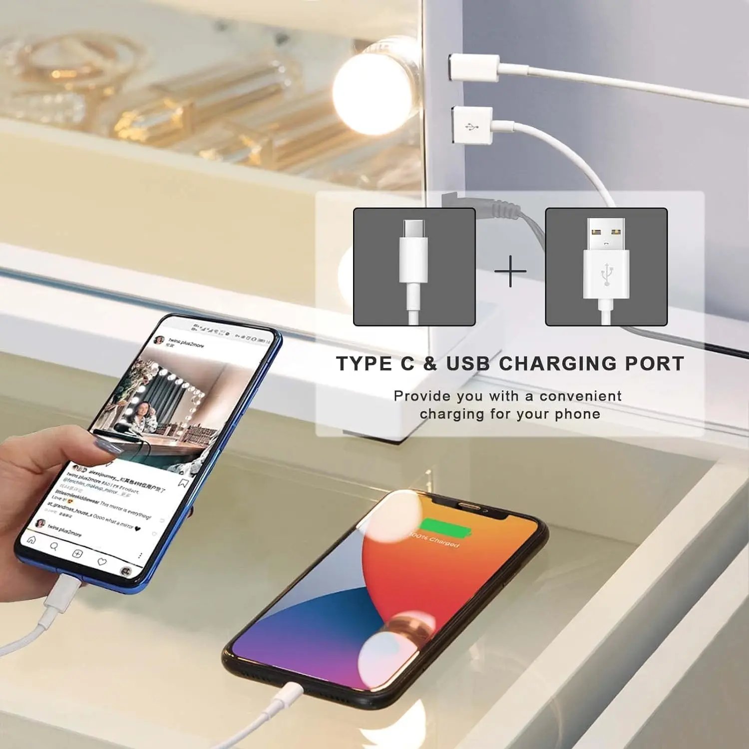 Hollywood Lighted Makeup Mirror with Dimmable LEDs, Adjustable Colors, and USB/Type-C Charging for Bedroom