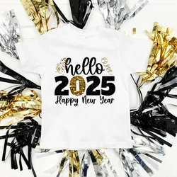 Hello 2025 Happy New Year Kids T-shirt Boys Girls Clothes Toddler New Year Party Gift Tee Child Short Sleeve Shirts Clothes