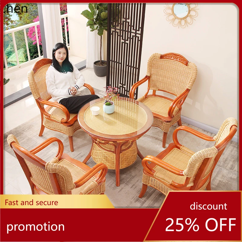 ZML rattan chair tea table and chair combination three-piece set real rattan balcony single woven chair sofa