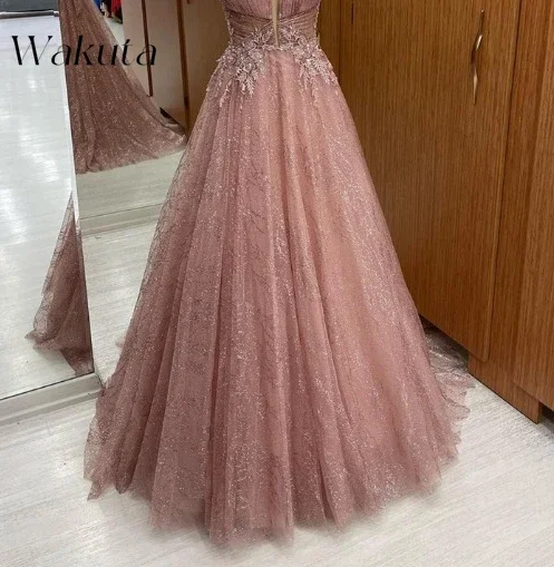 Wakuta luxo coral renda a linha vestidos de baile elegante com decote em v mangas evento de noite especial robe de soiree femme despeje mariage