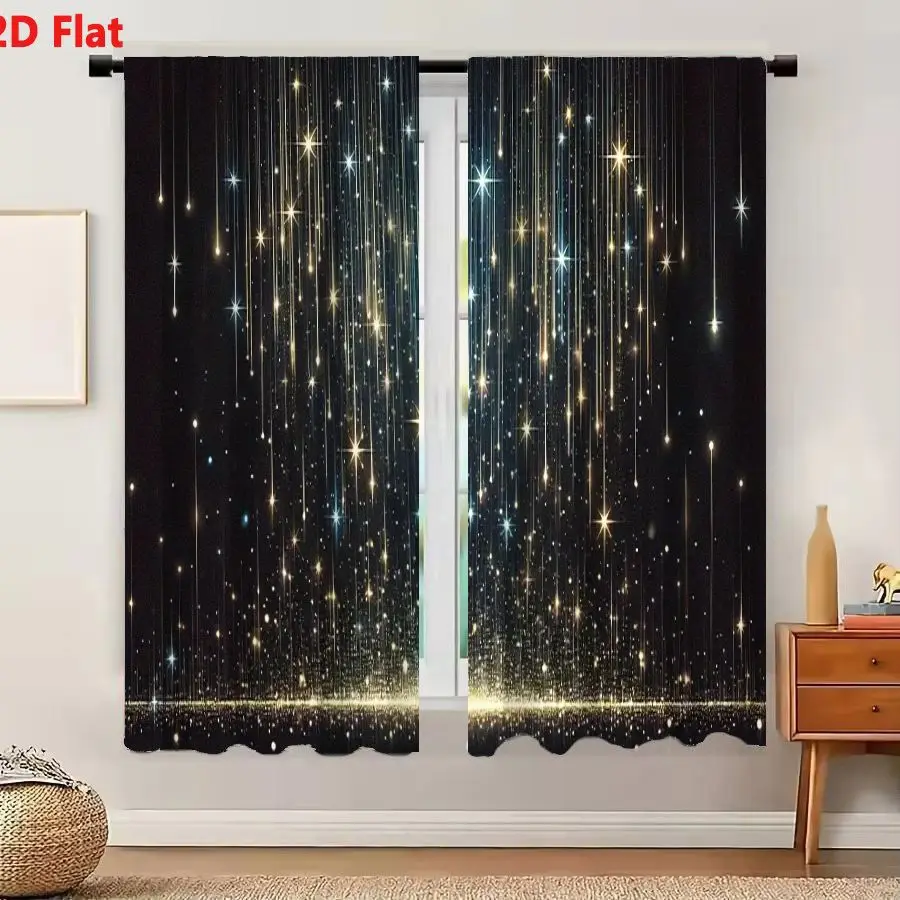 2Pcs Curtains 2D Flat Celestial Glowing Vertical Lines With Stars And Sparkles On Dark Background Magical Ethereal Dreamy Artwor