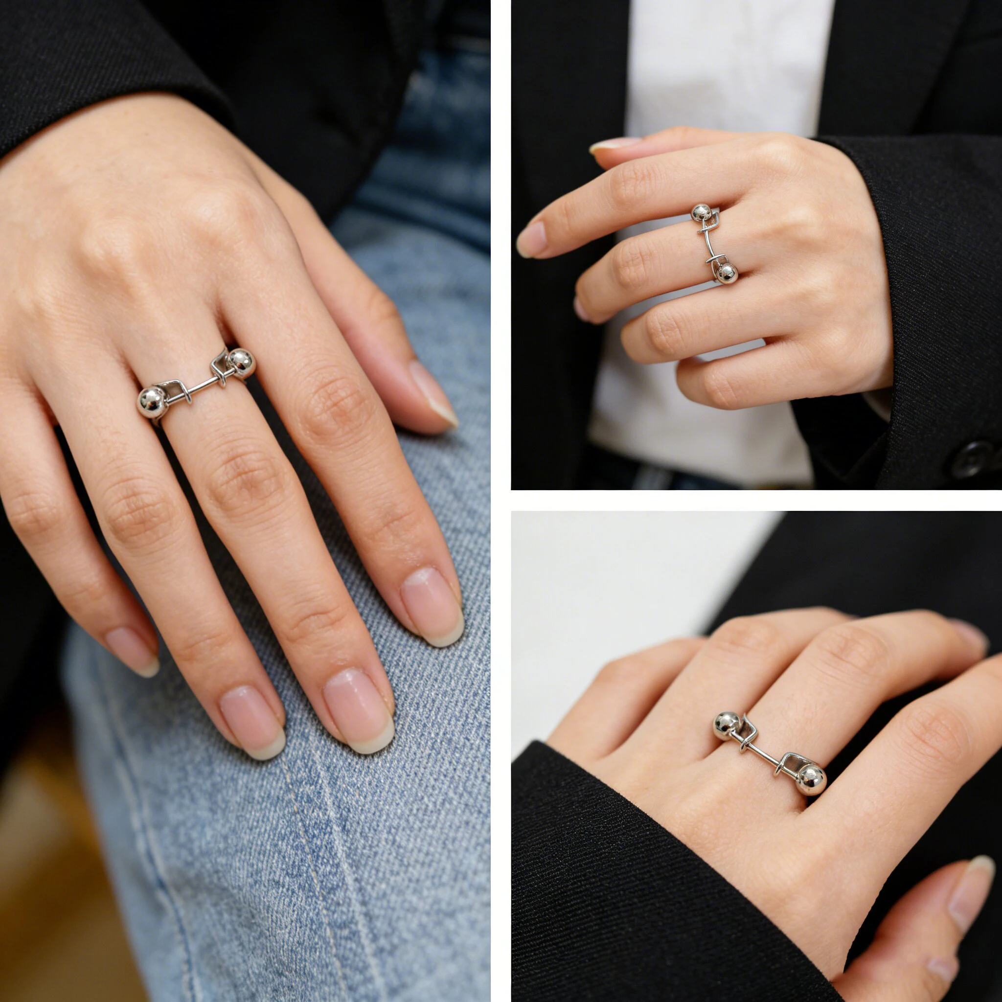 F.I.N.S Women Ring Silver 925 Fashion Personality Double Round Beads Finger Ring 925 Sterling Silver Ball Pendant for Decoration