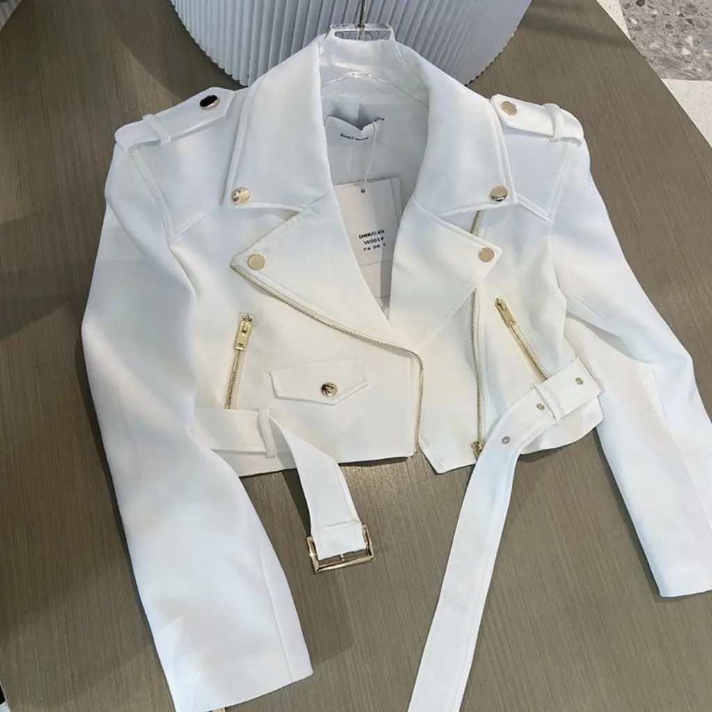

Korean Fashion Slim Fit Motorcycle Jacket Long Sleeve Zipper Short Suit Collar Women's Fashion Outerwear