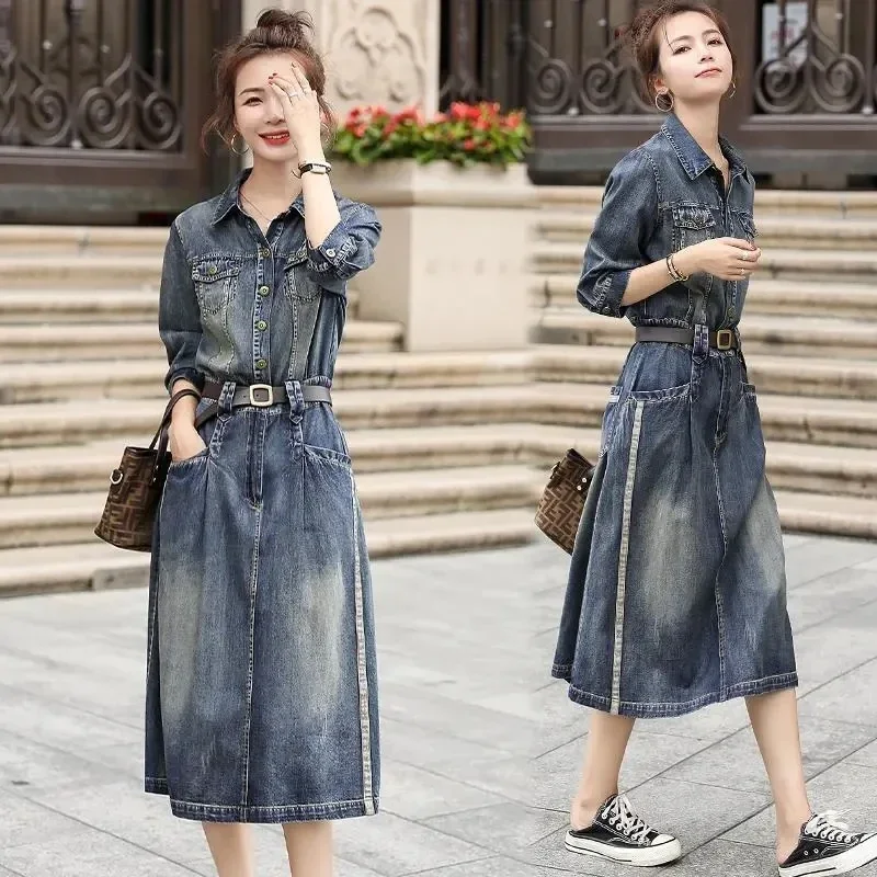 

Dress Women's Spring Autumn New Mid-length Style Temperament Shirt A-shaped Dress Female Jeans U419