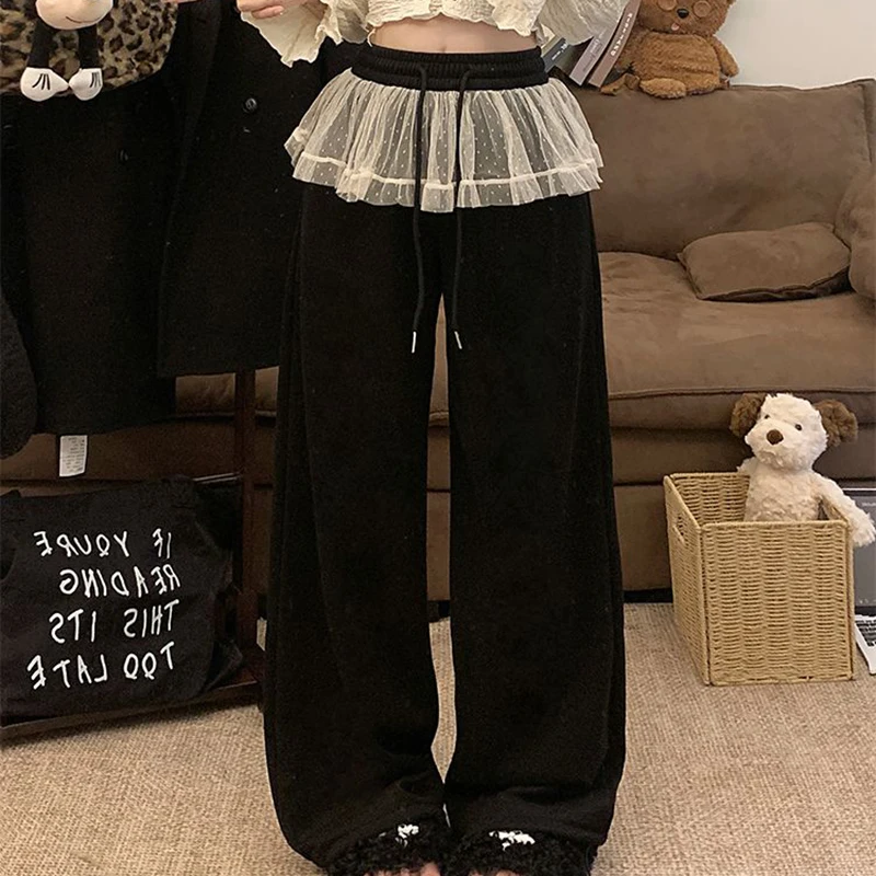 Chic Lace Patchwork Pants Women Fall Winter Loose Casual Sports Wide Leg Trouser High Waist Solid Simple Korean New Sweatpants