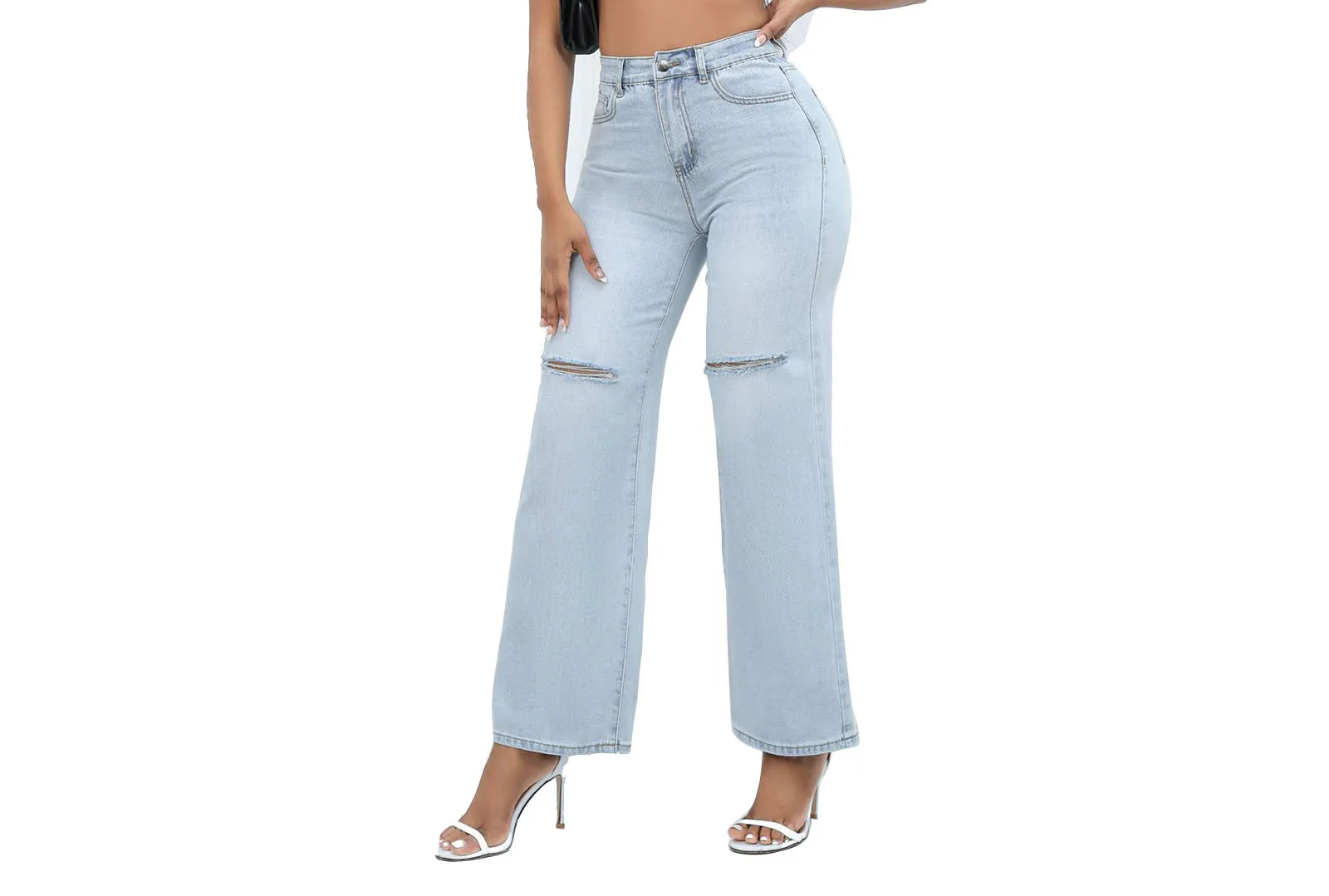 

Jeans for Female New Trend Fashion Commuter Mid-waist Loose Holes Leisure Flare Pants