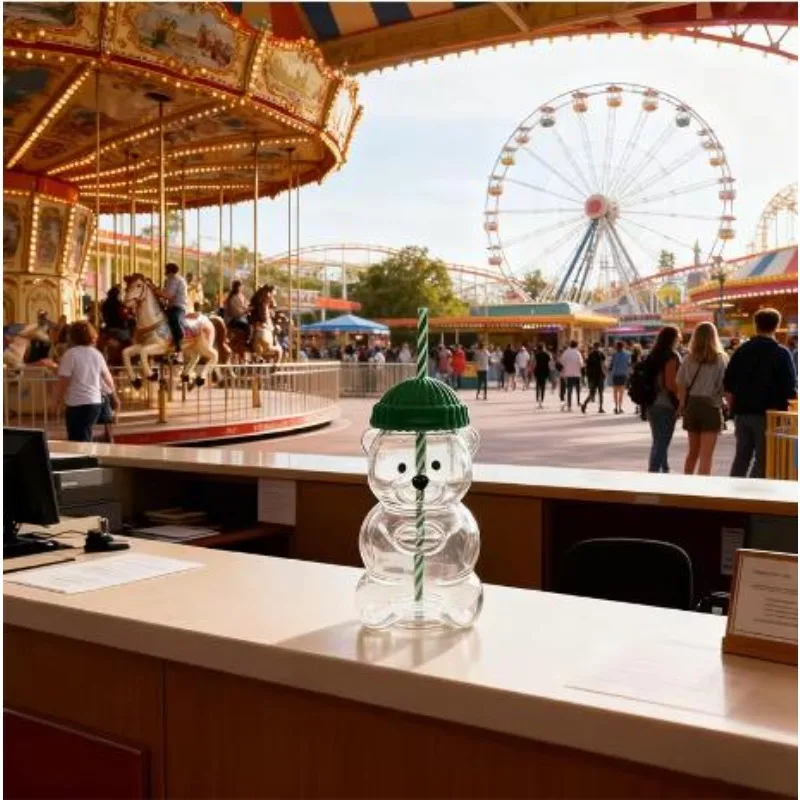 كوب زجاجي على شكل دب سعة 500 مل مع غطاء وقش مخطط، كوب شرب شفاف، مناسب للعصير والماء والقهوة المثلجة