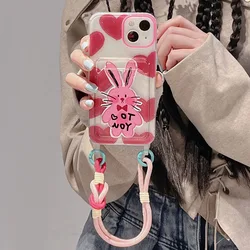INS Cute Cartoon Love Heart Rabbit Portable Wallet Card Phone Case with Hand Strap For iPhone 15 14 13 12 11 Pro Max Bunny Cover