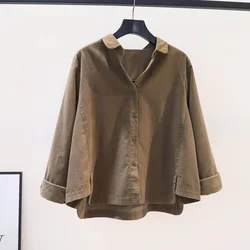 Corduroy Shirts for Women Vintage Long Sleeved Solid Polo-neck Casual Korean Style Oversized Blouse Cropped Coats Women Tops