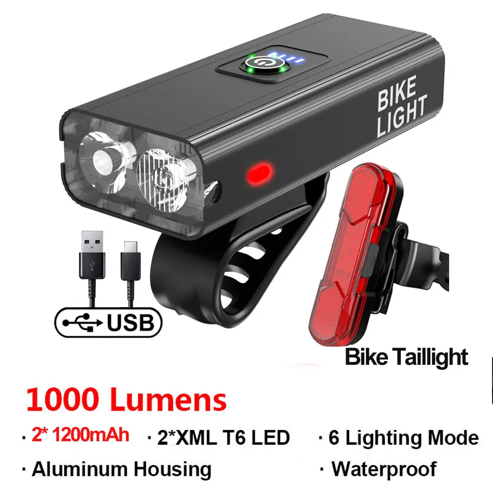 2*T6 LED 1000LM Bike Light Waterproof Bicycle Headlamps Cycling Safety Warning Taillight Bike Accessories USB Rechargeable