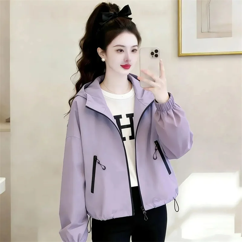 

Spring Women Hooded Casual Windbreaker Ladies Solid Color Trench French Female Fashion Long Sleeves Lined Outwear