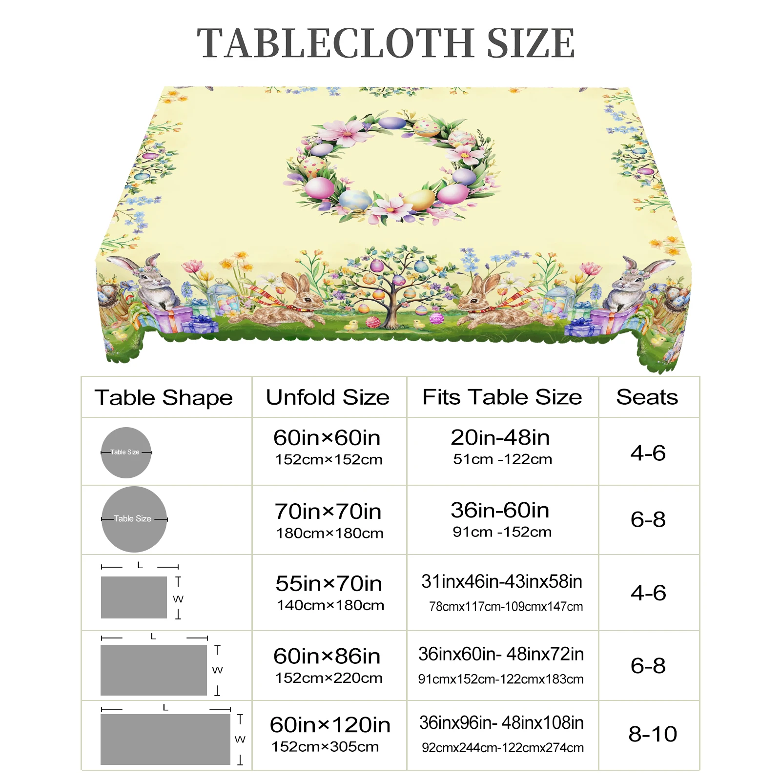 1 Easter Round Tablecloth, 5 Sizes Available, Tulip Easter Bunny Egg Garden Printed Square Tablecloth, Edge Embossing Process, Spring Garden