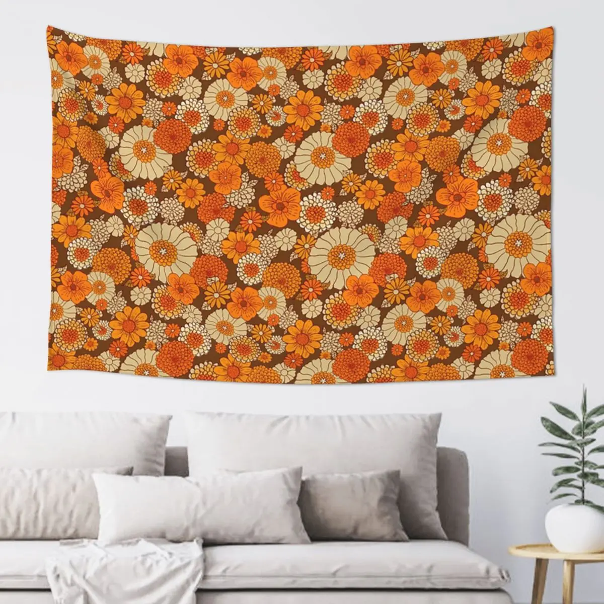 70s Retro Daisies Vintage Flower Power Orange And Brown Boho Tapestry  Wall Hanging Aesthetic Home Decor Tapestries for Room