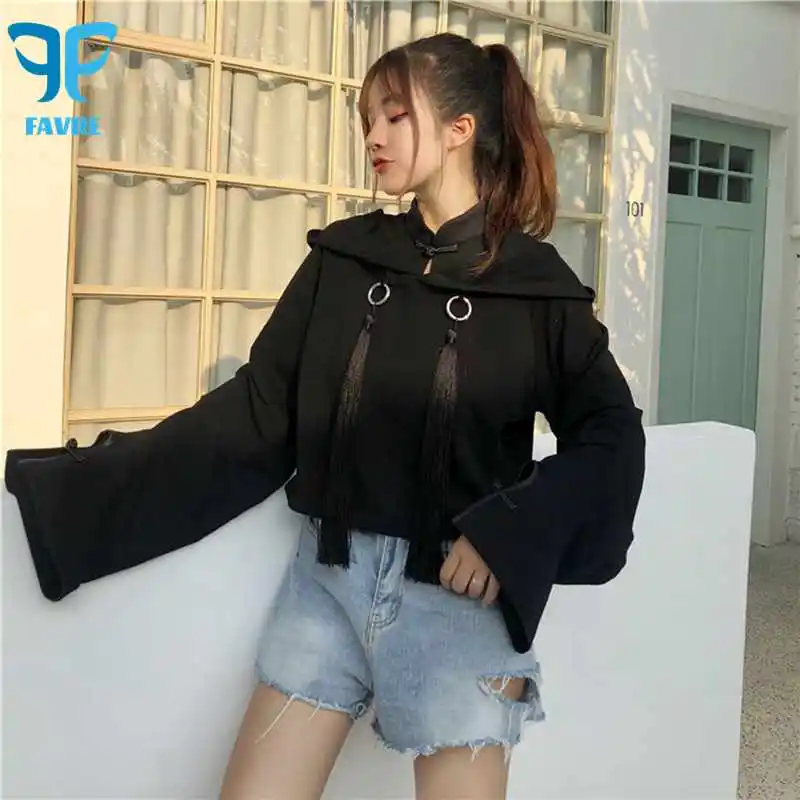 

FAVRE Letter Embroidered Sweatshirts Flared Sleeve Women Disc Buckle Tassel Hoodies Vintage Spring Autumn Loose Crop Pullovers